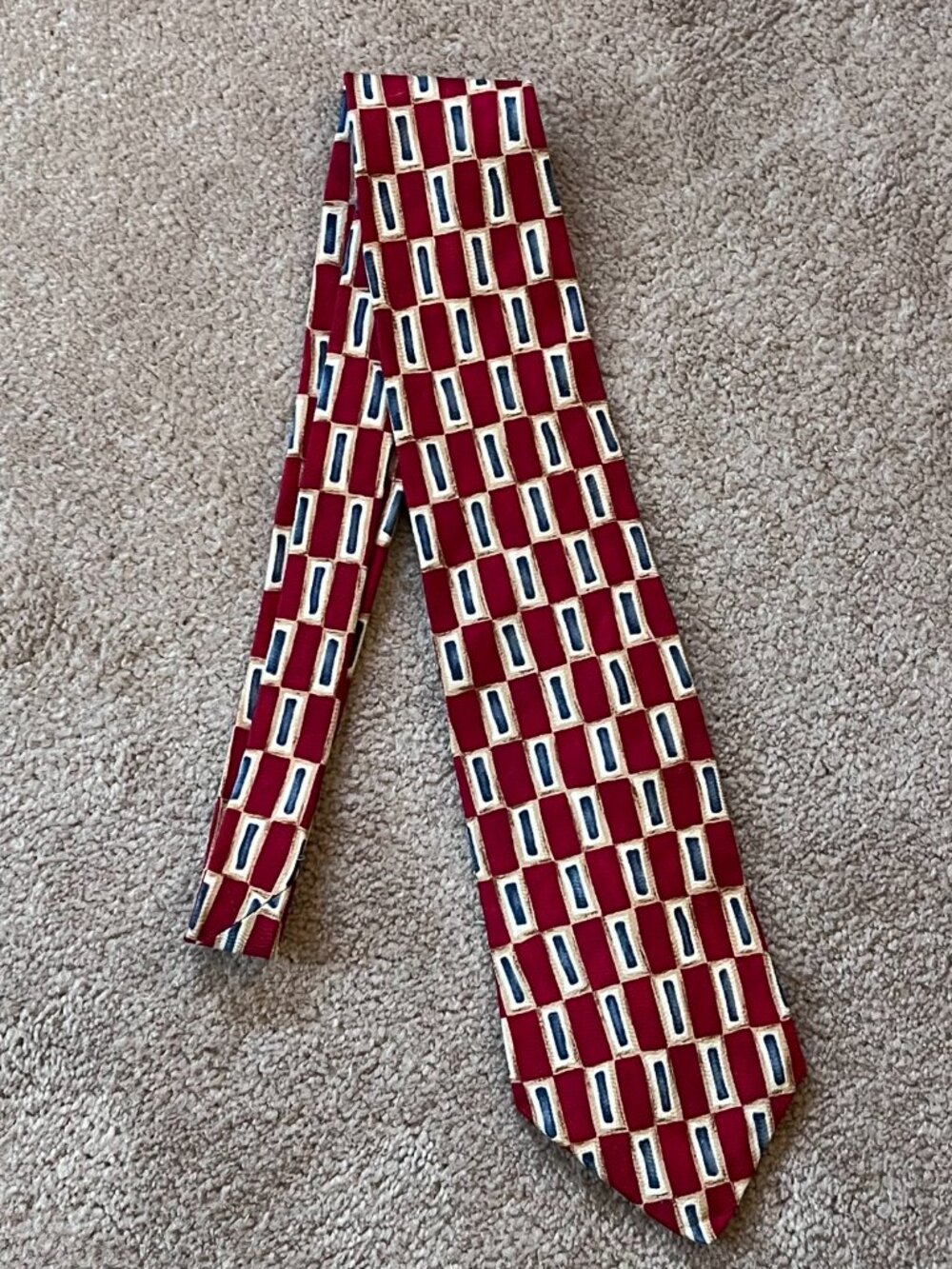 Vintage Perry Ellis Portfolio 100% Silk Red Gold Geometric Tie Made in USA